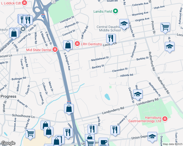 map of restaurants, bars, coffee shops, grocery stores, and more near 4303 Echo Glen Road in Harrisburg
