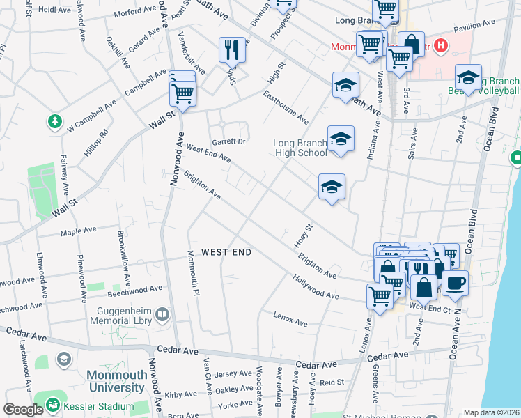 map of restaurants, bars, coffee shops, grocery stores, and more near 517 Westwood Avenue in Long Branch