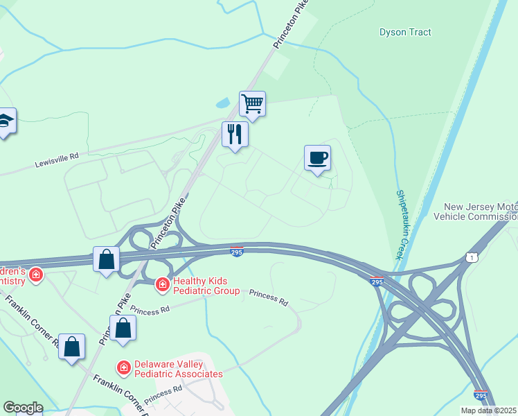 map of restaurants, bars, coffee shops, grocery stores, and more near Lenox Drive in Lawrence Township