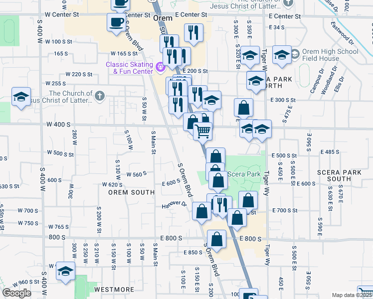map of restaurants, bars, coffee shops, grocery stores, and more near 487 Orem Boulevard in Orem