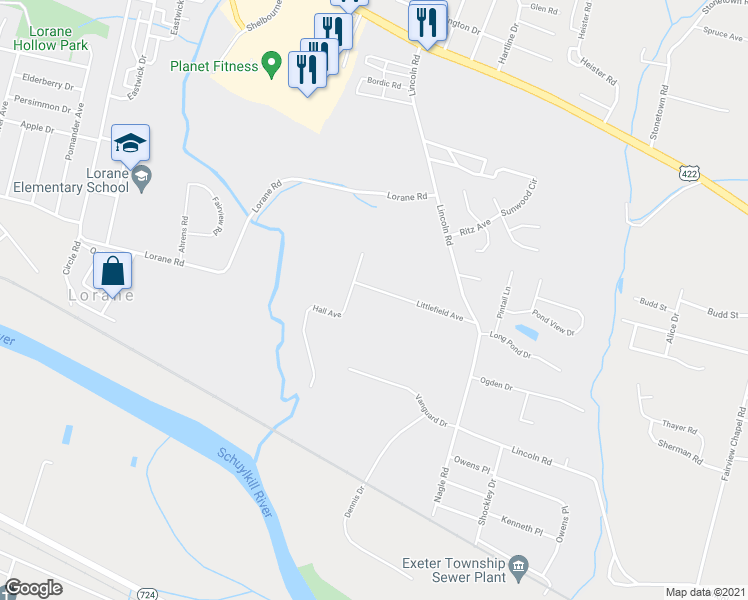 map of restaurants, bars, coffee shops, grocery stores, and more near 5810 Littlefield Avenue in Reading