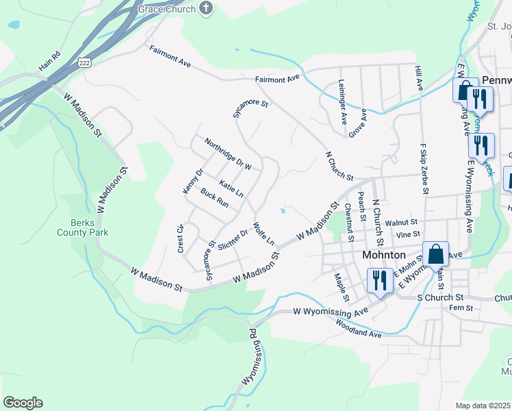 map of restaurants, bars, coffee shops, grocery stores, and more near 600 Wolfe Lane in Mohnton