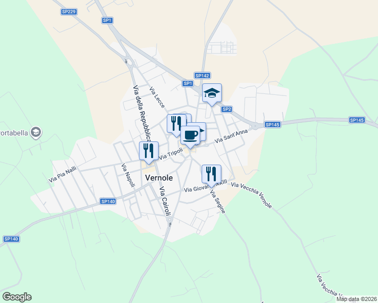 map of restaurants, bars, coffee shops, grocery stores, and more near 2 Piazza Vittorio Veneto in Vernole