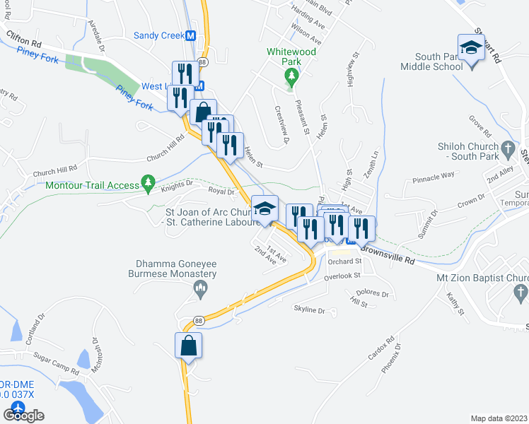 map of restaurants, bars, coffee shops, grocery stores, and more near 6447 Library Road in South Park Township