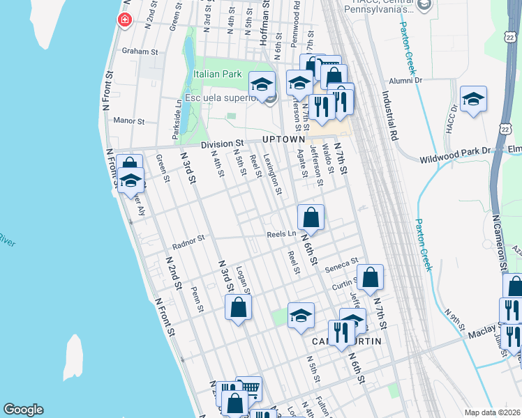 map of restaurants, bars, coffee shops, grocery stores, and more near 2609 North 5th Street in Harrisburg
