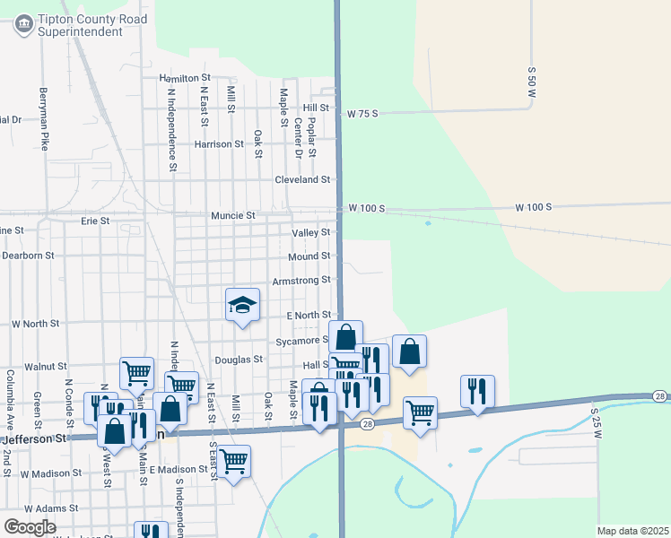 map of restaurants, bars, coffee shops, grocery stores, and more near 432 County Road 100 West in Tipton