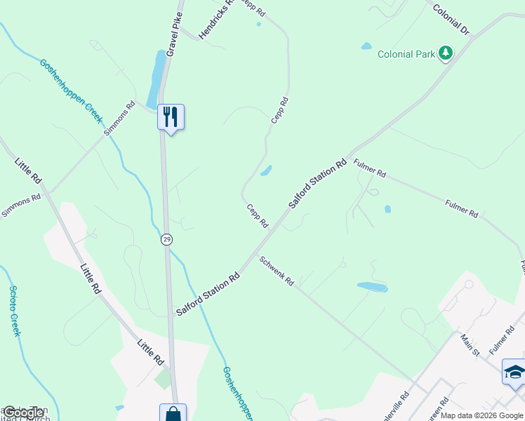 map of restaurants, bars, coffee shops, grocery stores, and more near 3 Cepp Road in Perkiomenville