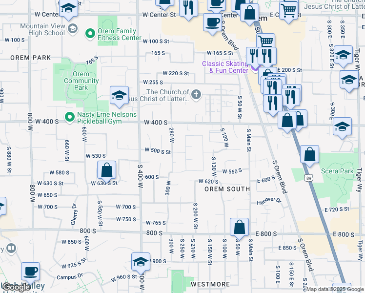 map of restaurants, bars, coffee shops, grocery stores, and more near 267 West 460 South in Orem