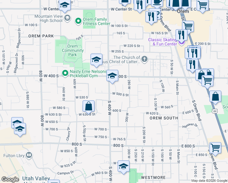 map of restaurants, bars, coffee shops, grocery stores, and more near 469 South 400 West in Orem