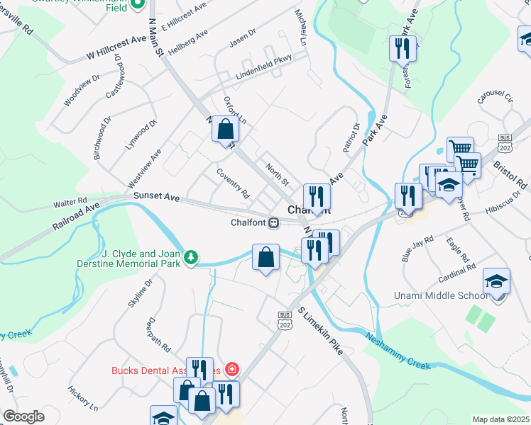 map of restaurants, bars, coffee shops, grocery stores, and more near 25 Maple Avenue in Chalfont