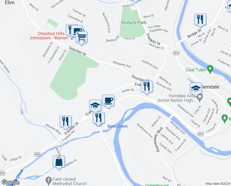 map of restaurants, bars, coffee shops, grocery stores, and more near 2199 Franklin Street in Johnstown