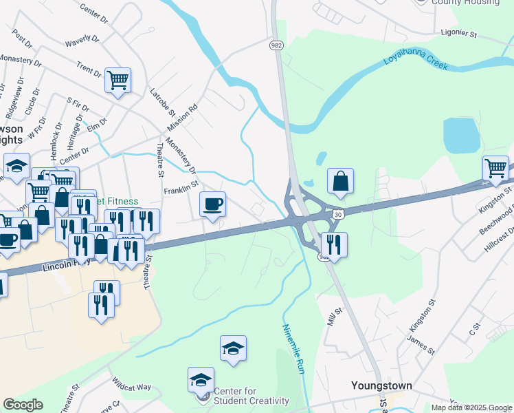 map of restaurants, bars, coffee shops, grocery stores, and more near 1620 Briarwood Drive in Latrobe
