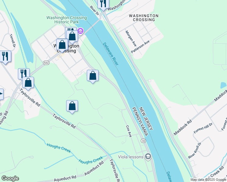 map of restaurants, bars, coffee shops, grocery stores, and more near 1044 River Road in Washington Crossing