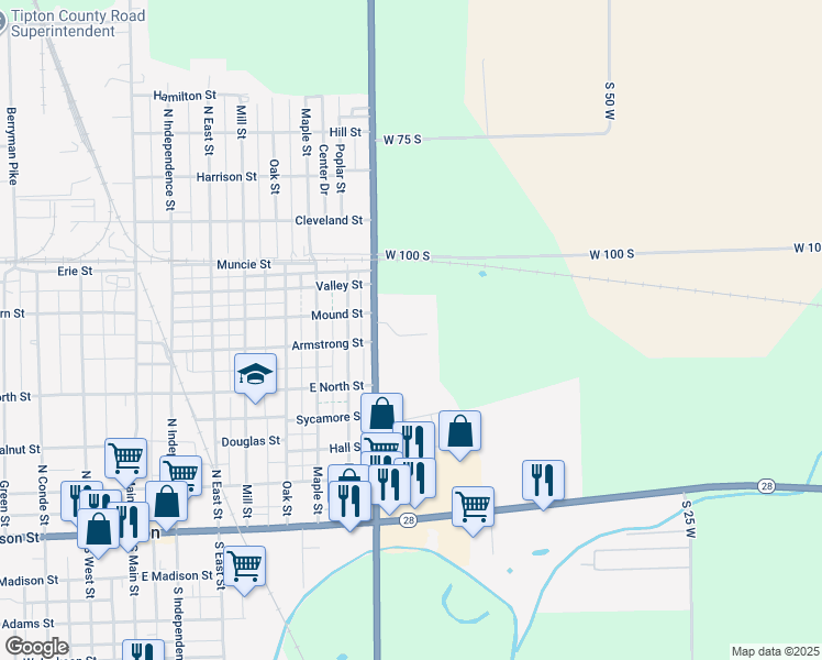 map of restaurants, bars, coffee shops, grocery stores, and more near 20 Hartwick Drive in Tipton