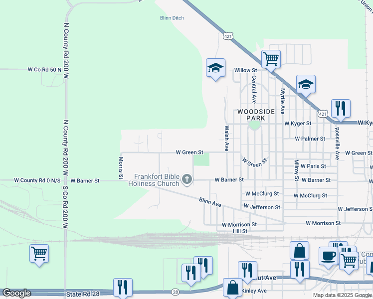 map of restaurants, bars, coffee shops, grocery stores, and more near 1902 West Green Street in Frankfort