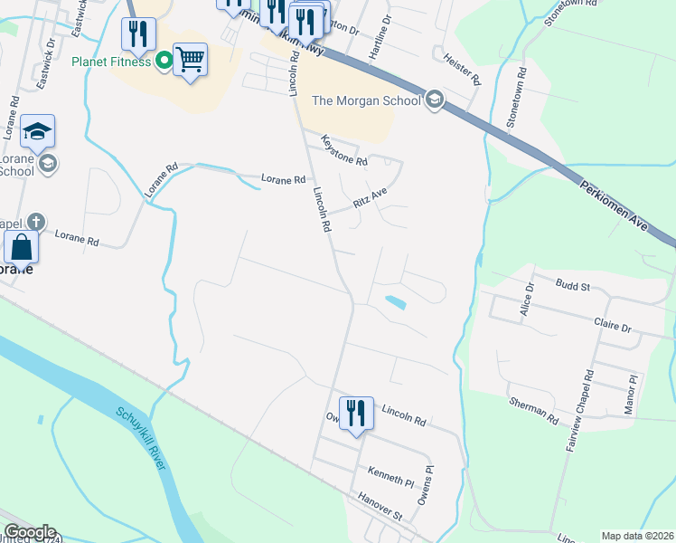 map of restaurants, bars, coffee shops, grocery stores, and more near Lincoln Road in Lorane