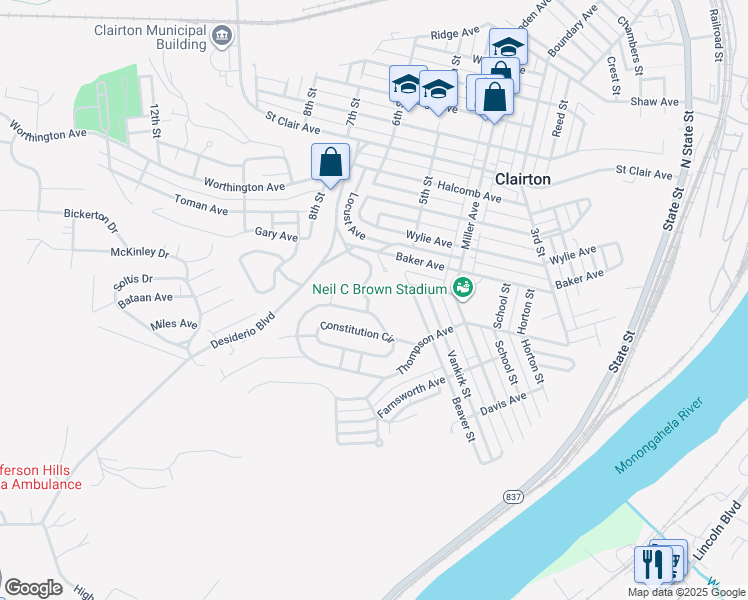map of restaurants, bars, coffee shops, grocery stores, and more near 745 East Drive in Clairton