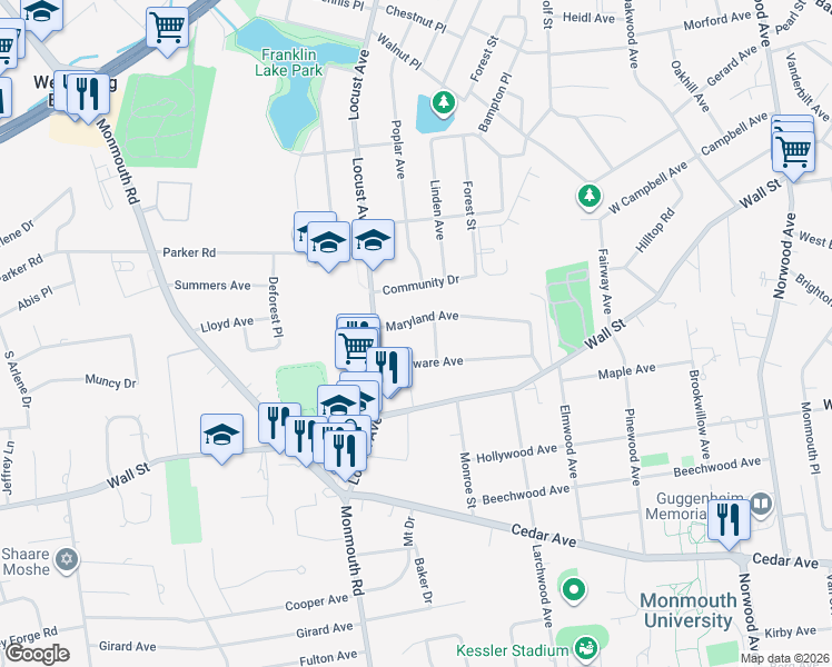 map of restaurants, bars, coffee shops, grocery stores, and more near 16 Maryland Ave in West Long Branch