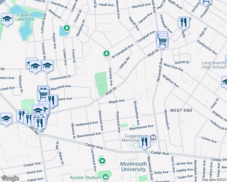 map of restaurants, bars, coffee shops, grocery stores, and more near 96 Wall Street in West Long Branch