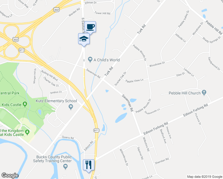 map of restaurants, bars, coffee shops, grocery stores, and more near 18 Sauerman Road in Doylestown
