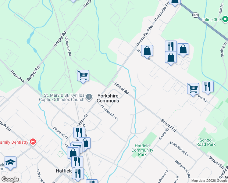 map of restaurants, bars, coffee shops, grocery stores, and more near 2371 Cambridge Cir in Hatfield
