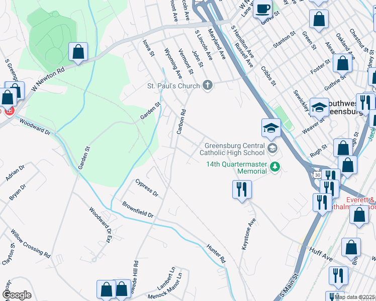 map of restaurants, bars, coffee shops, grocery stores, and more near 421 Buckeye St in Greensburg