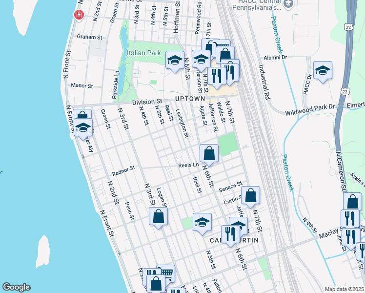 map of restaurants, bars, coffee shops, grocery stores, and more near 520 Radnor Street in Harrisburg