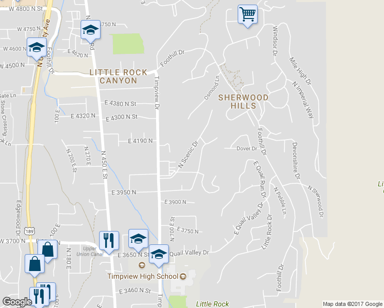 map of restaurants, bars, coffee shops, grocery stores, and more near 4158 North Scenic Drive in Provo