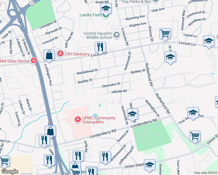 map of restaurants, bars, coffee shops, grocery stores, and more near 4601 Clarendon Street in Harrisburg
