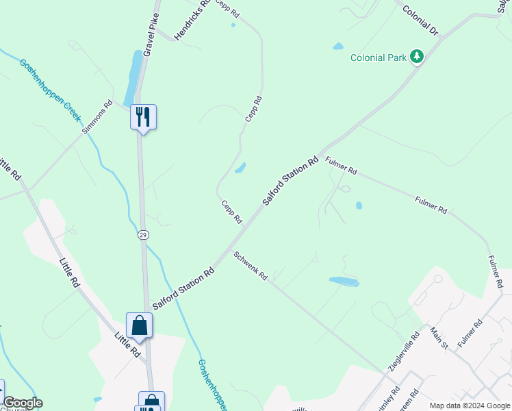 map of restaurants, bars, coffee shops, grocery stores, and more near 206 Salford Station Road in Perkiomenville