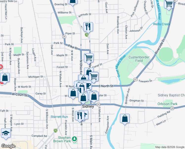 map of restaurants, bars, coffee shops, grocery stores, and more near 320 North Main Avenue in Sidney