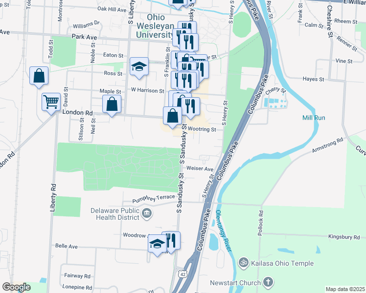 map of restaurants, bars, coffee shops, grocery stores, and more near 334 S Sandusky St in Delaware