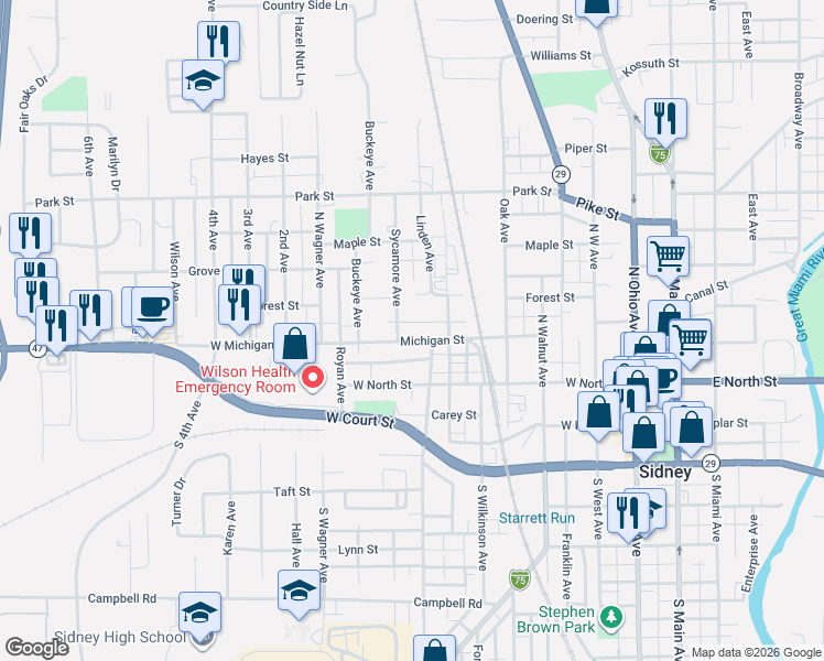 map of restaurants, bars, coffee shops, grocery stores, and more near 600-698 Michigan St in Sidney