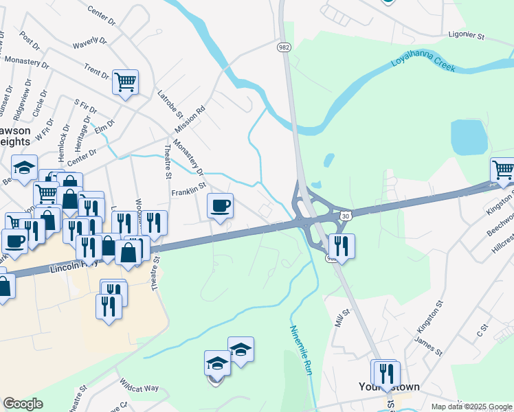 map of restaurants, bars, coffee shops, grocery stores, and more near 1620 Briarwood Drive in Latrobe