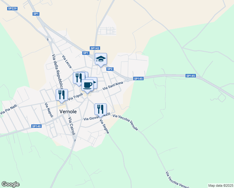 map of restaurants, bars, coffee shops, grocery stores, and more near 16 Via Torino in Vernole