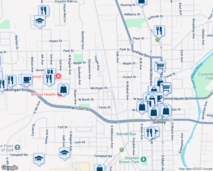 map of restaurants, bars, coffee shops, grocery stores, and more near 516 Michigan Street in Sidney