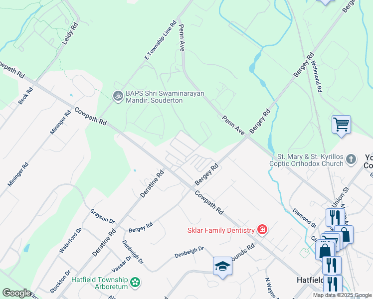 map of restaurants, bars, coffee shops, grocery stores, and more near 6 Mansion Avenue in Hatfield