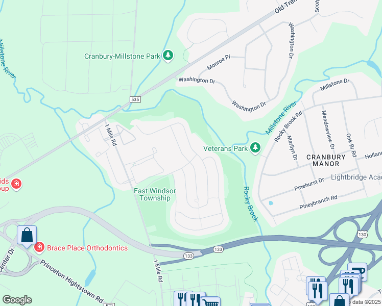 map of restaurants, bars, coffee shops, grocery stores, and more near 111 Einstein Way in East Windsor