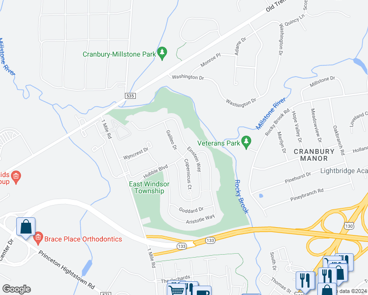 map of restaurants, bars, coffee shops, grocery stores, and more near 111 Einstein Way in East Windsor