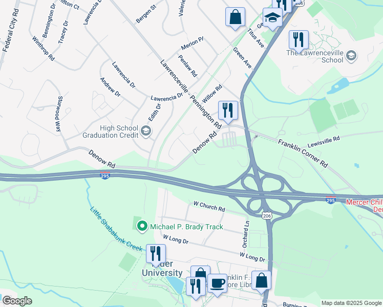 map of restaurants, bars, coffee shops, grocery stores, and more near 3 Charles Way in Lawrence Township