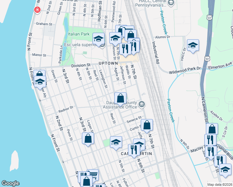 map of restaurants, bars, coffee shops, grocery stores, and more near 2600 North 6th Street in Harrisburg