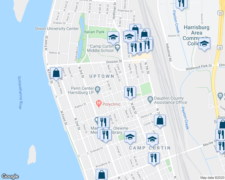 map of restaurants, bars, coffee shops, grocery stores, and more near 2613 North 5th Street in Harrisburg