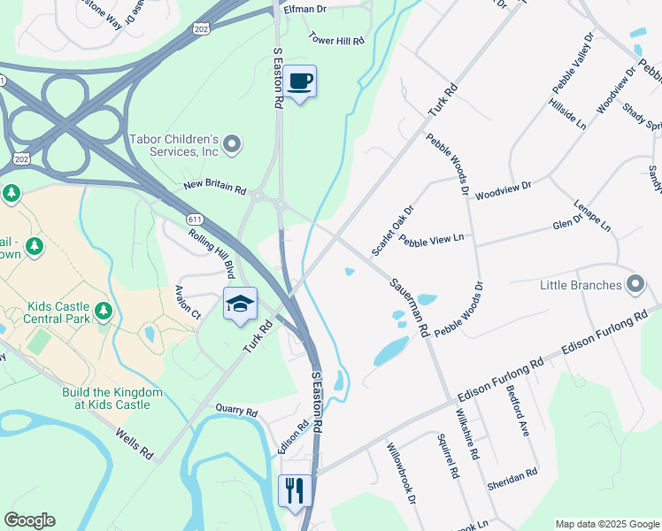 map of restaurants, bars, coffee shops, grocery stores, and more near 2063 Turk Road in Doylestown