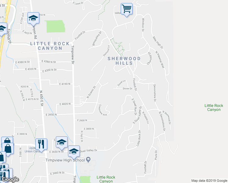 map of restaurants, bars, coffee shops, grocery stores, and more near 1004 East Dover Drive in Provo