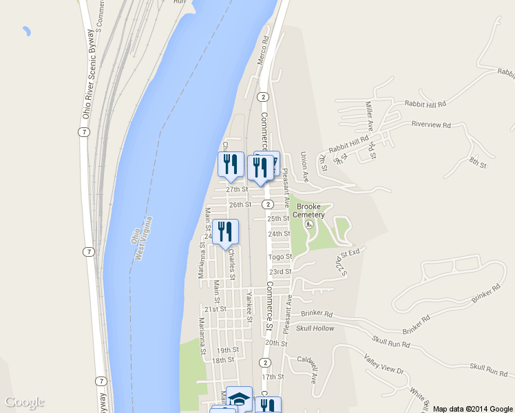map of restaurants, bars, coffee shops, grocery stores, and more near 86 26th Street in Wellsburg