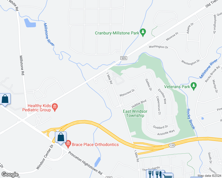 map of restaurants, bars, coffee shops, grocery stores, and more near 187 1 Mile Road in East Windsor