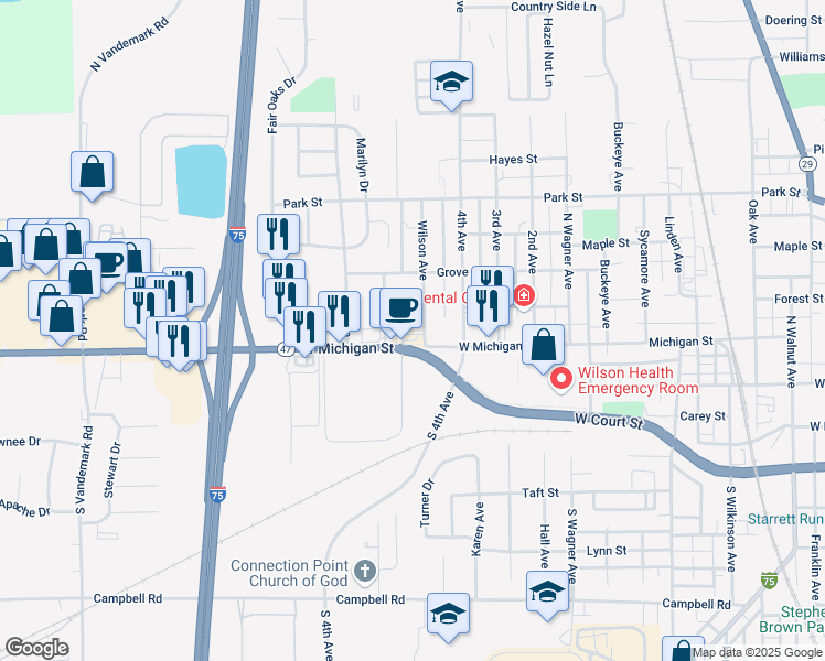 map of restaurants, bars, coffee shops, grocery stores, and more near 5TH Lane Street in Sidney