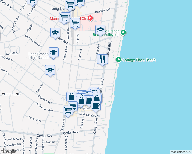 map of restaurants, bars, coffee shops, grocery stores, and more near 480 Ocean Boulevard in Long Branch