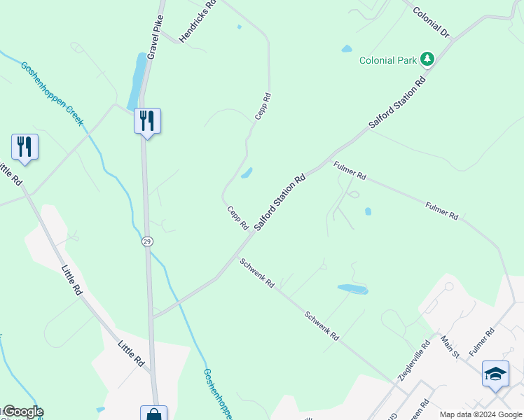 map of restaurants, bars, coffee shops, grocery stores, and more near 206 Salford Station Road in Perkiomenville