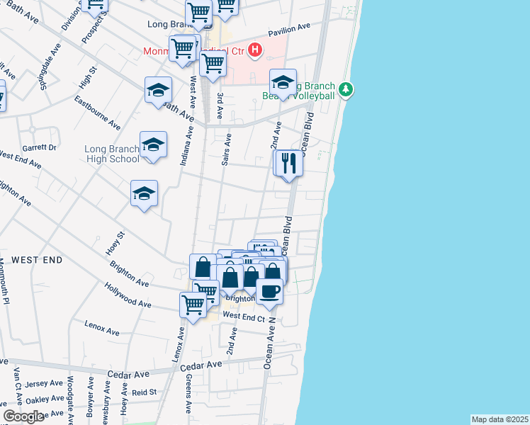 map of restaurants, bars, coffee shops, grocery stores, and more near 470 Ocean Boulevard in Long Branch